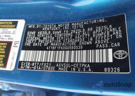 2016 Toyota Camry Se from USA, damaged, VIN 4T1BF1FK0GU560539